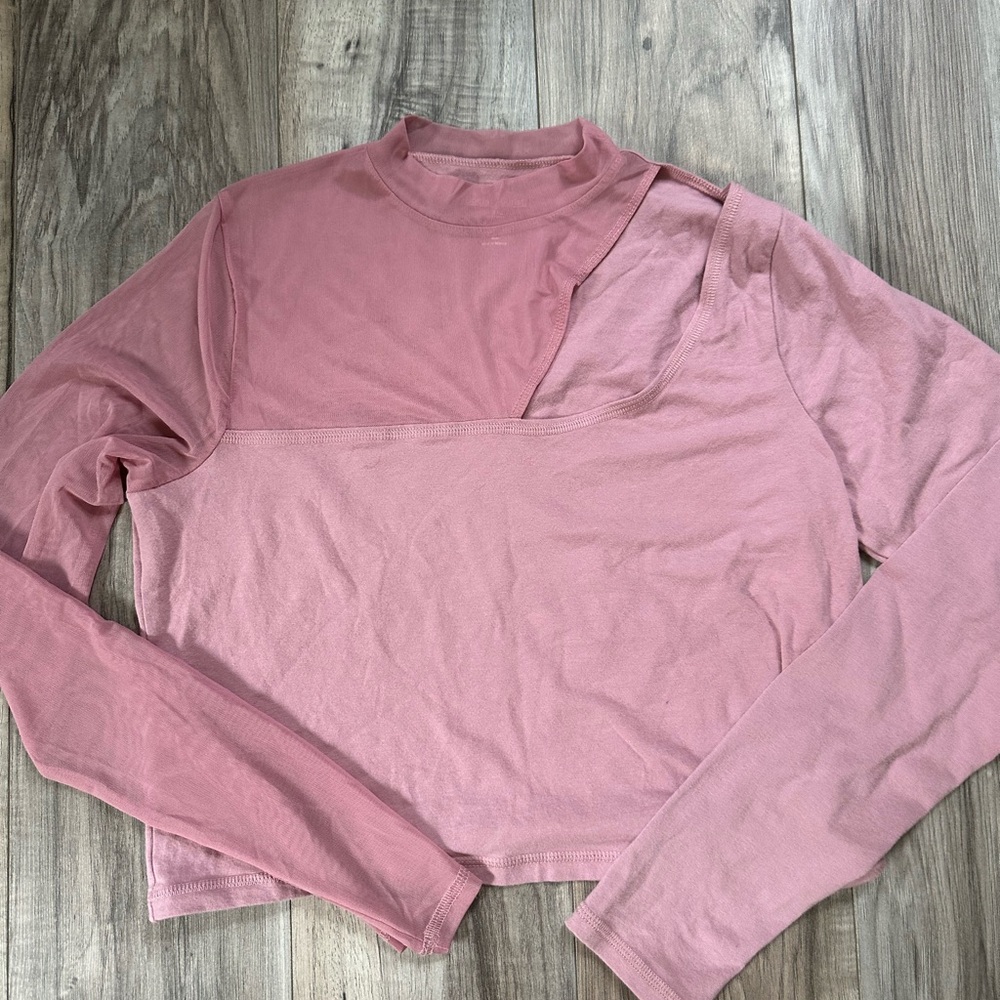 Social Tourist Cropped Pink Long Sleeve Women's Top Mesh Cut Out Size Large